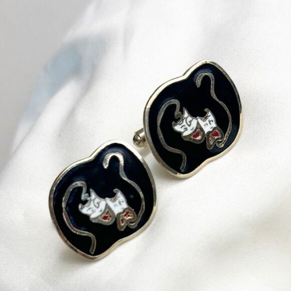 Vintage Theater Mask cufflinks black enamel Comedy Tragedy - Picture 1 of 4